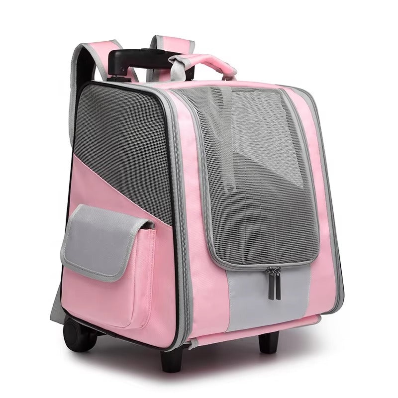 Travel Pet Rolling Trolley Backpack - Waterproof Dog Carrier with Wheels for Cats & Puppies