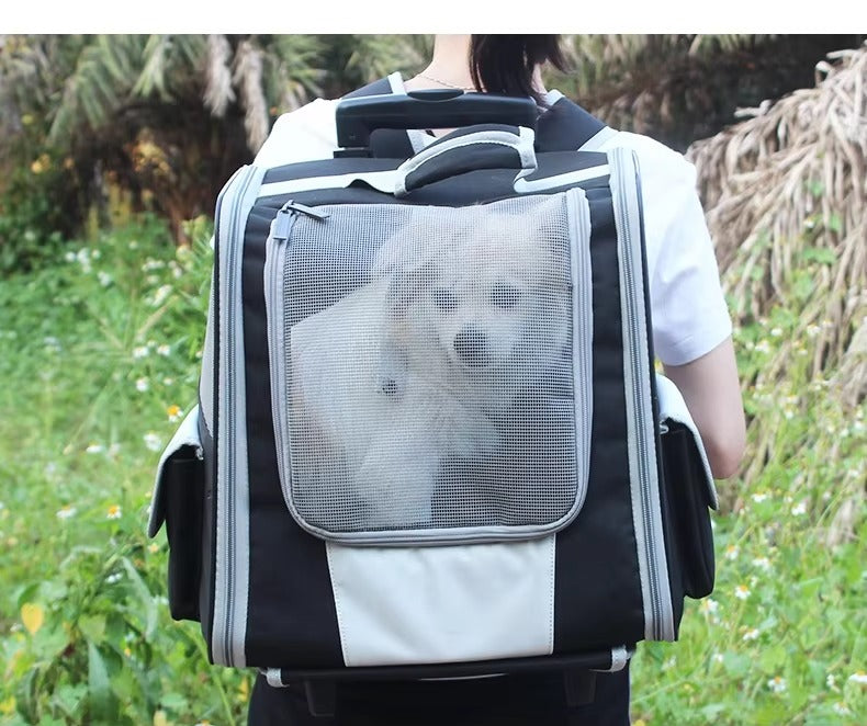 Travel Pet Rolling Trolley Backpack - Waterproof Dog Carrier with Wheels for Cats & Puppies