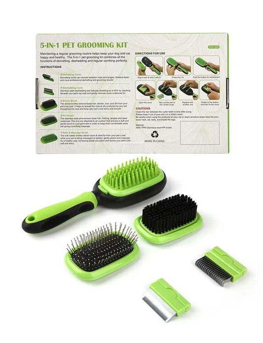Green 5-in-1 Pet Grooming Kit - Detachable Multifunction Tool with Dematting & Deshedding Bristle Brush for Cats & Dogs