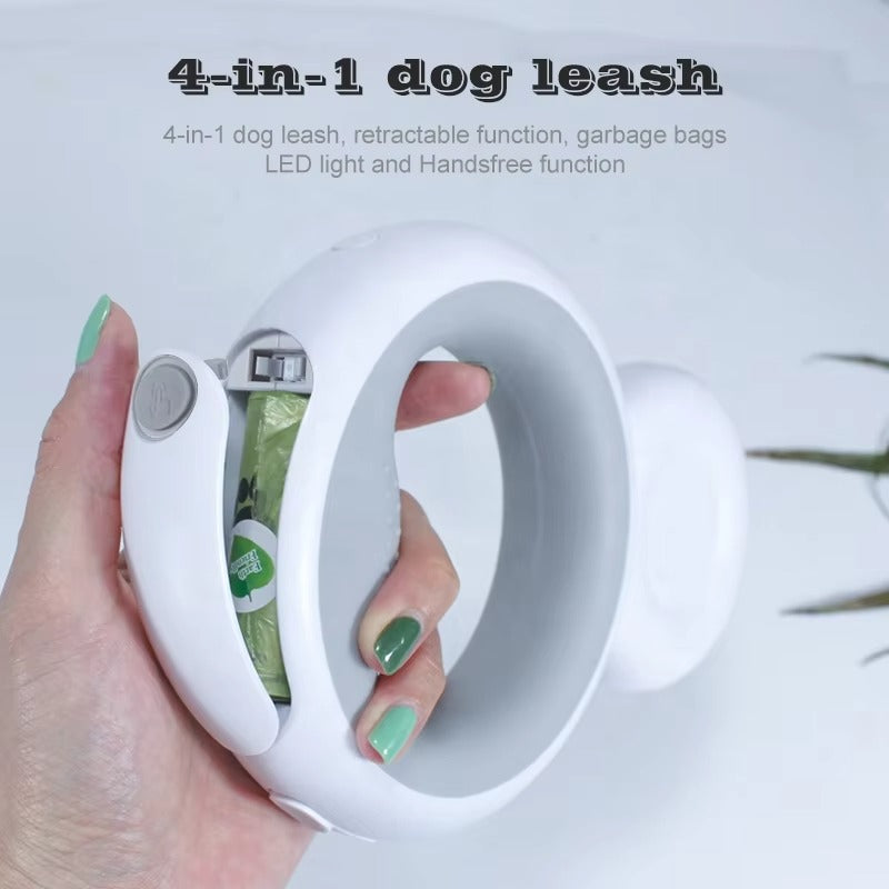 Automatic Portable LED Dog Leash with Poop Bag Dispenser & Flashlight - Retractable