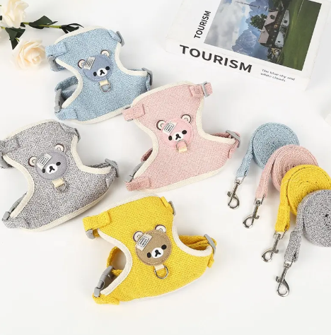 Cute Bear Pet Harness Set for Puppy & Cat - Linen Cotton Harness and Leash Combo