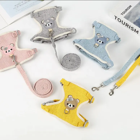 Cute Bear Pet Harness Set for Puppy & Cat - Linen Cotton Harness and Leash Combo