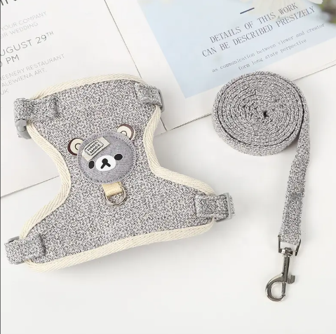Cute Bear Pet Harness Set for Puppy & Cat - Linen Cotton Harness and Leash Combo