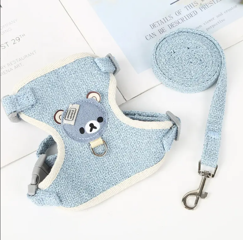 Cute Bear Pet Harness Set for Puppy & Cat - Linen Cotton Harness and Leash Combo