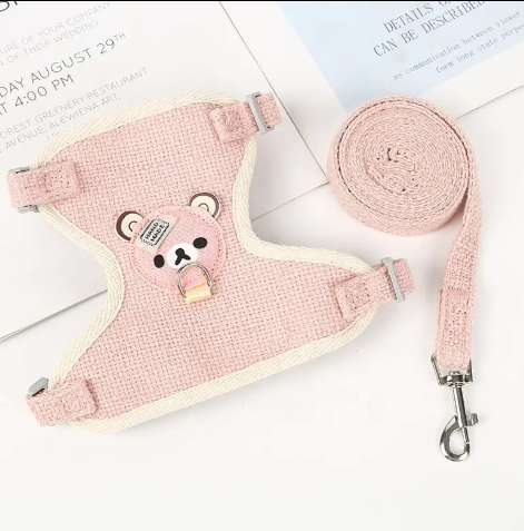 Cute Bear Pet Harness Set for Puppy & Cat - Linen Cotton Harness and Leash Combo